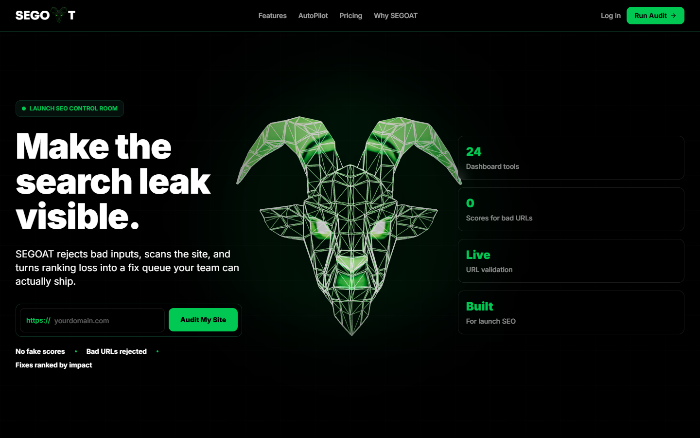 Screenshot of the live SEGOAT website (segoat.com)